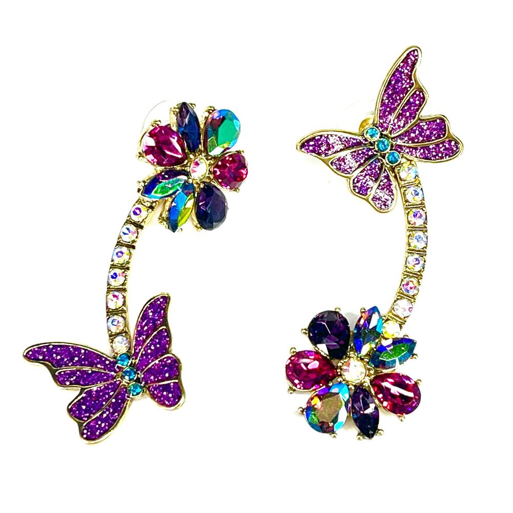 Betsey Johnson Earrings Dangle Drop Butterfly Flower Crystal Stone Stud Posts